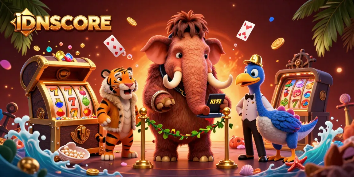 Catch the exciting atmosphere at IDNSCORE casino with vibrant characters and dynamic slot elements.