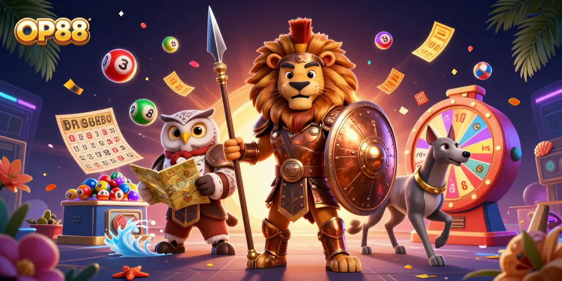 Play exciting games at OP88 with a vibrant lottery scene featuring characters and dynamic game elements.