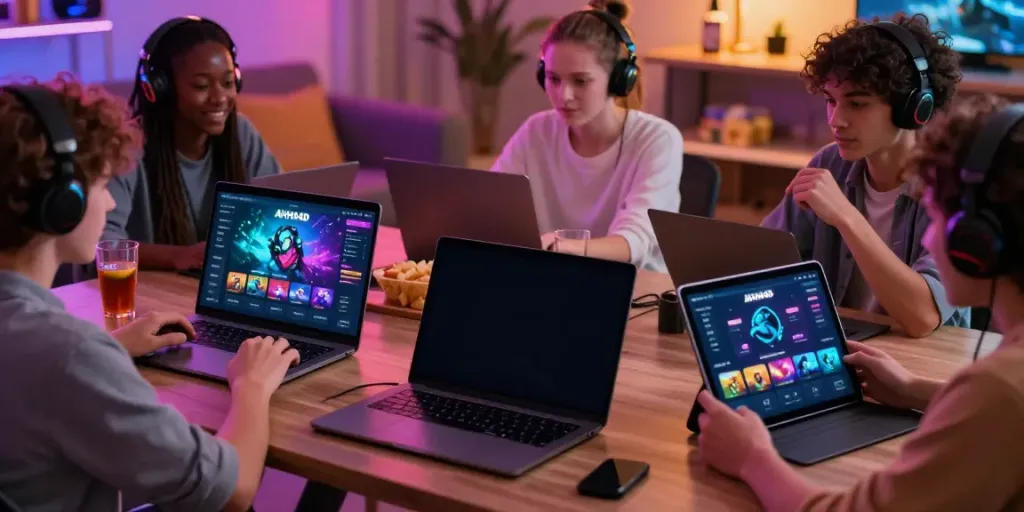 AHHA4D online gaming scene with users engaged on multiple devices, showcasing interaction in a cozy environment.