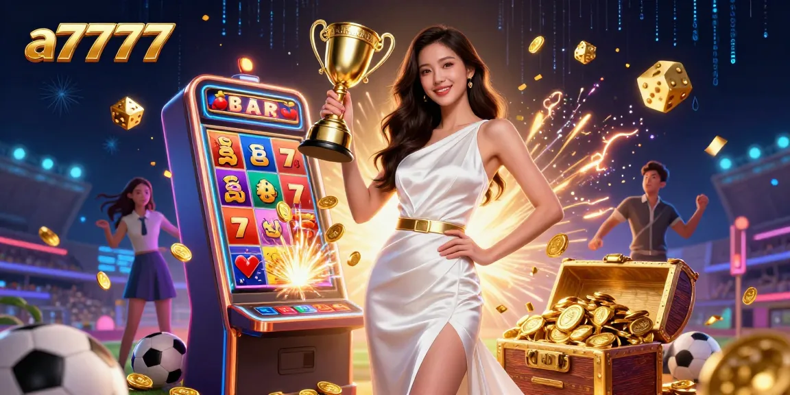 Win big in the casino with a7777: photorealistic Asian woman triumphantly holding a trophy amidst slot machines and sports betting elements.