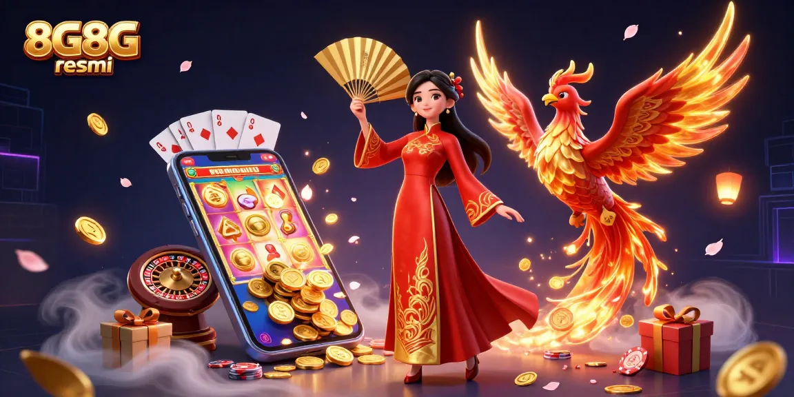 Engage in exciting gameplay with 8G8G resmi as a beautiful woman and phoenix radiate vibrant gaming energy.