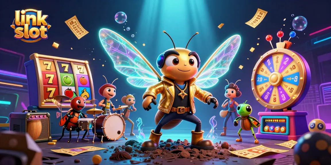 Slot slot link menampilkan raja rock cicada di kasino dengan simbol keberuntungan dan efek visual menarik.