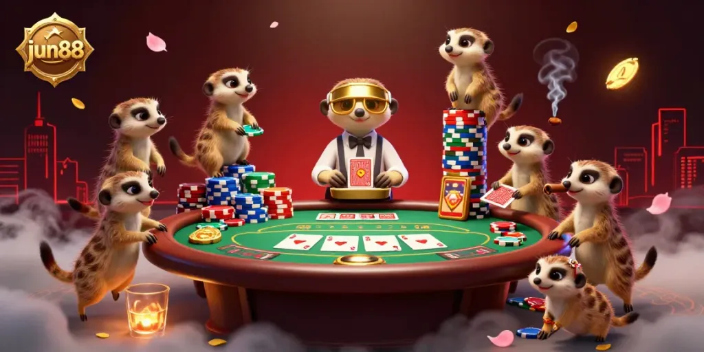 Experience the vibrant excitement of jun88's casino with meerkats managing a lively poker game.