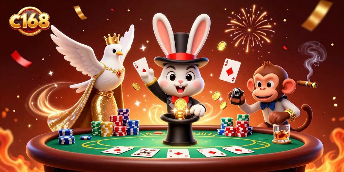 Experience the magic of c168 with a magician rabbit and friends in a vibrant casino scene filled with excitement.