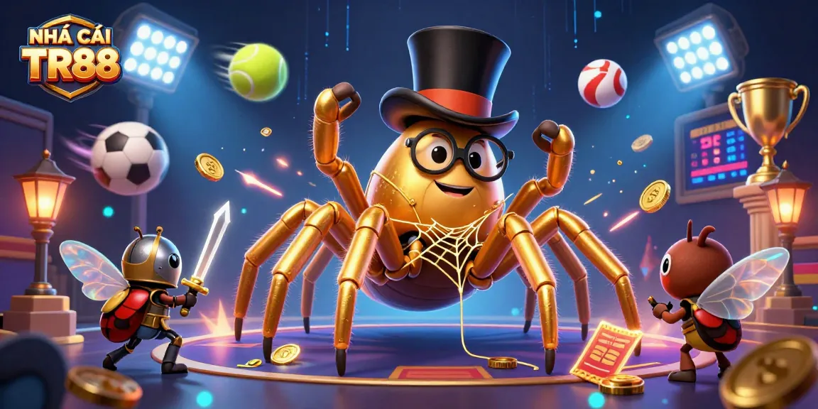 Experience the excitement of NHÀ CÁI TR88 as a golden tarantula weaves a web of opportunities in this animated casino scene.
