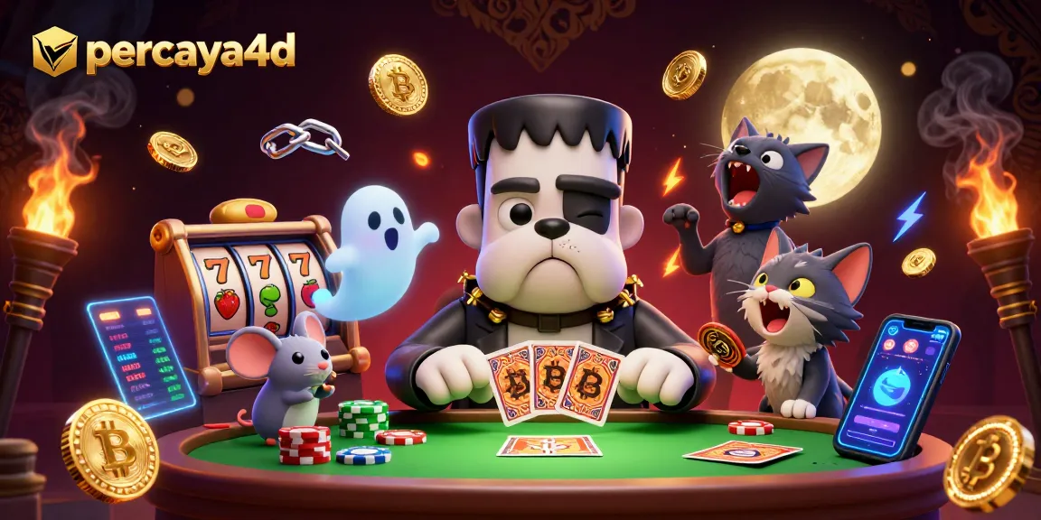 Menggambarkan suasana kasino online dengan karakter "percaya4d" dalam ilustrasi 3D, menunjukkan slot dan koin digital di meja.
