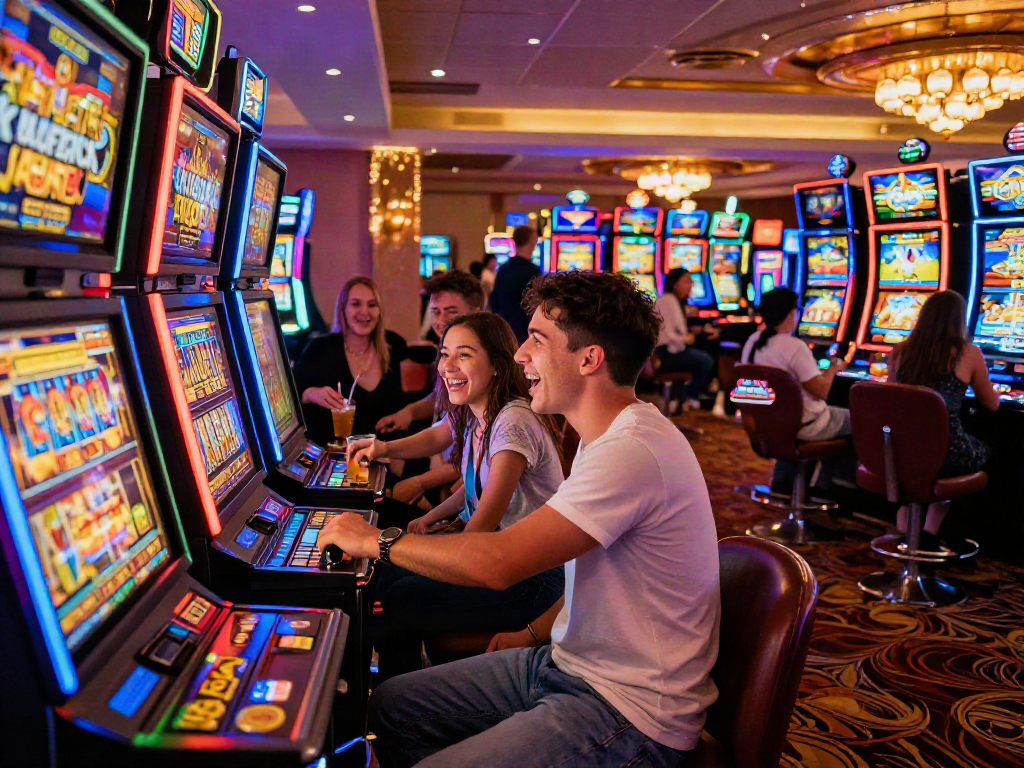 Kumpulan teman bermain permainan Slot di kasino, suasana ceria dengan mesin slot berwarna-warni.