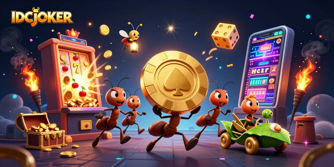 IDCJOKER team of ants conducts a casino heist, showcasing epic slot games and a thrilling atmosphere.
