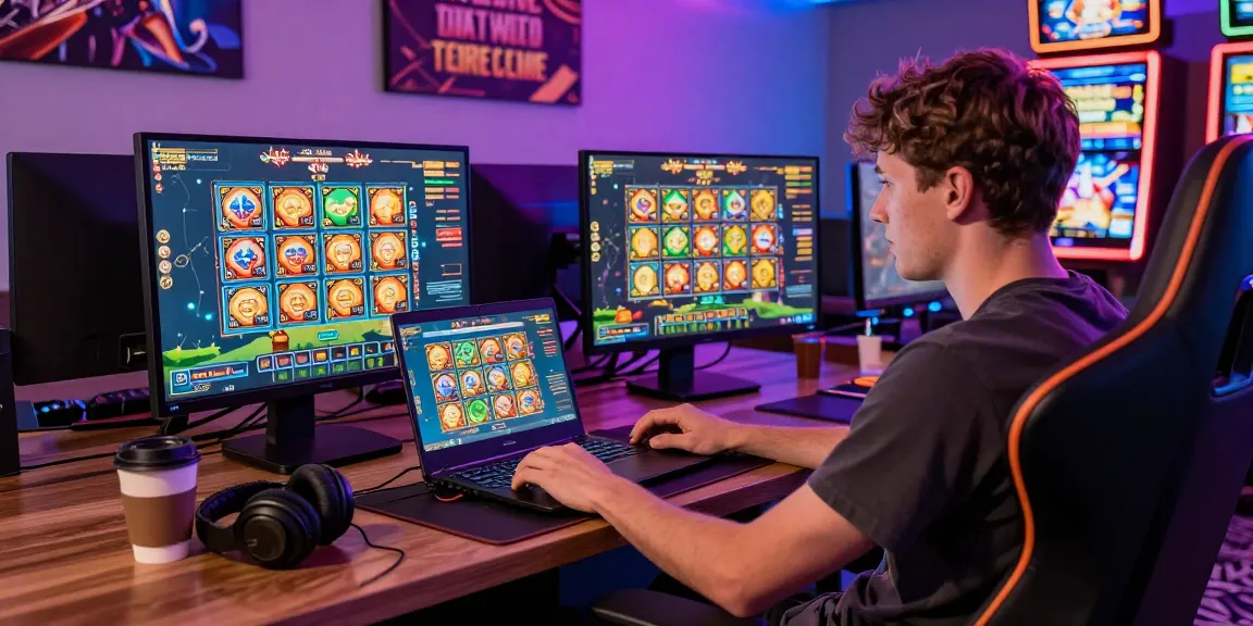 Engaged user playing online gambling games on a laptop, showcasing vibrant graphics and gaming atmosphere centered on ling4d