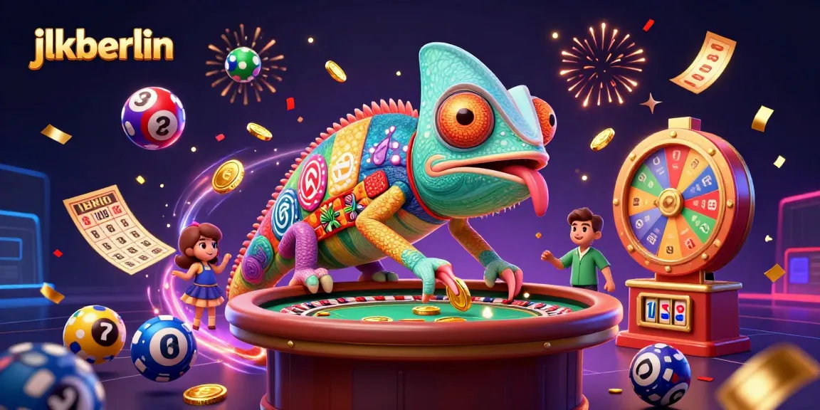 Engage with jlkberlin's lively casino scene featuring a chameleon character and vibrant game elements.