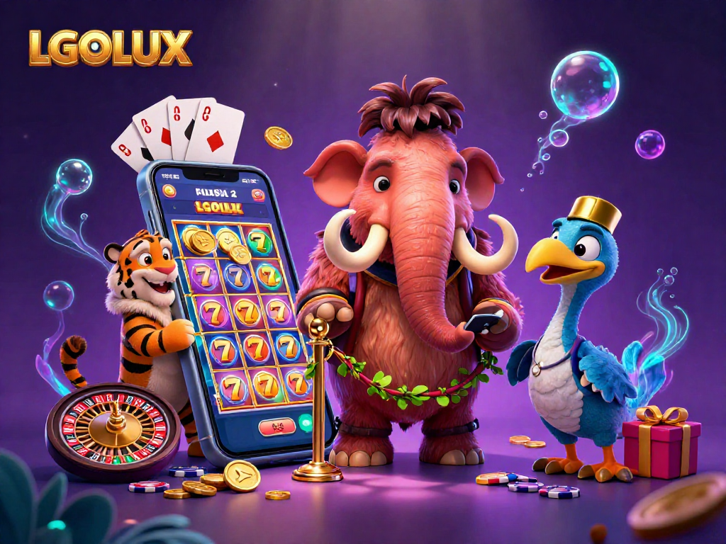 Engage with LGOLUX in a vibrant casino scene featuring a mammoth bouncer and a saber-tooth VIP.