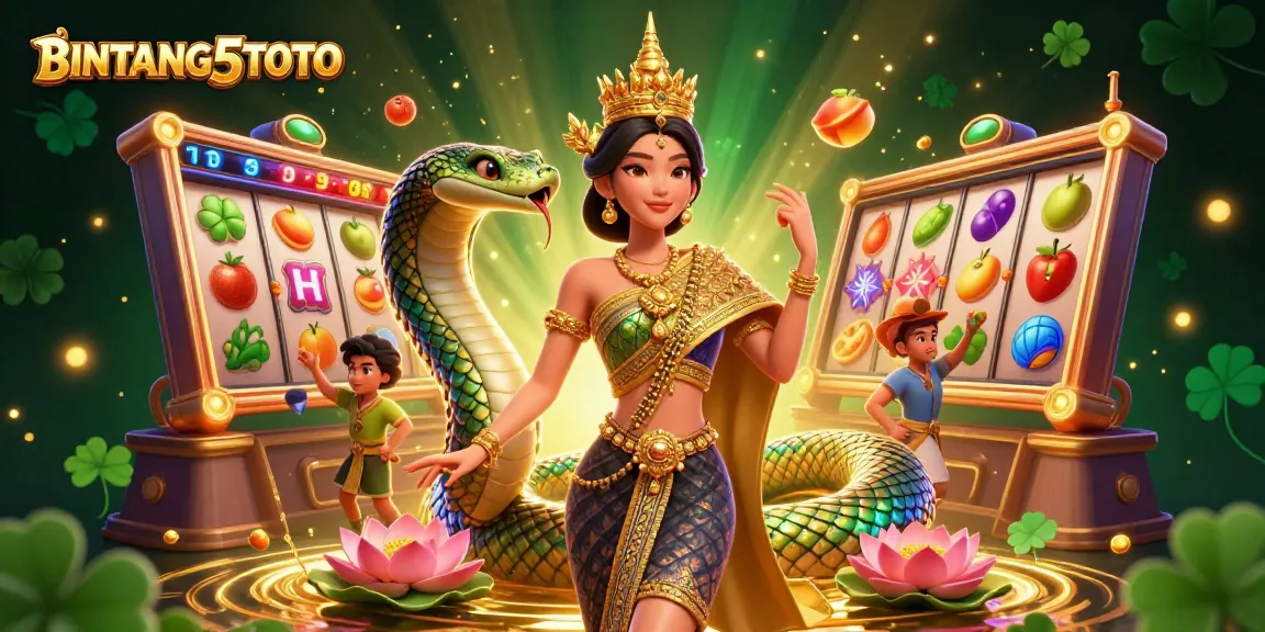 BINTANG5TOTO showcases a vibrant 3D scene with a cultural twist, featuring a Thai woman in traditional attire and a colorful Naga serpent amidst jackpot slot elements.