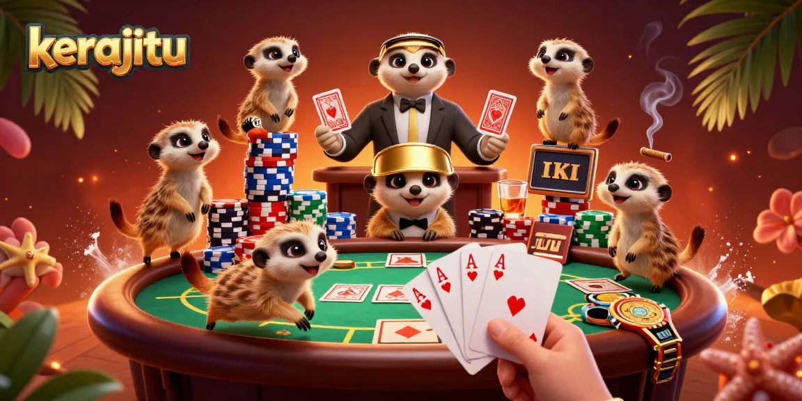 Experience kerajitu as meerkats deal cards and manage chips in a lively casino scene.