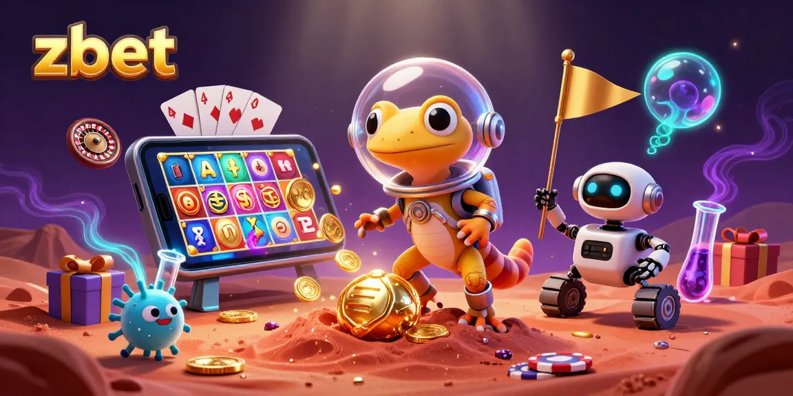 Experience zbet as a Martian gecko uncovers a hidden golden casino in a vibrant 3D illustration.