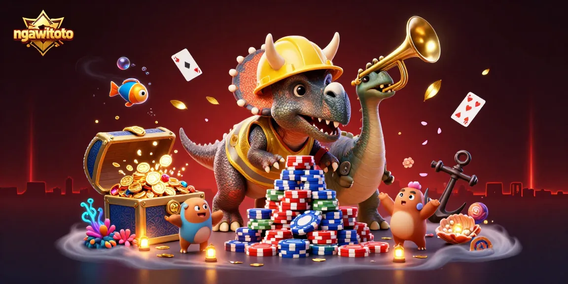 ngawitoto menyajikan kasino dengan triceratops dan parasaurolophus dalam suasana meriah, menampilkan banyak elemen menarik.