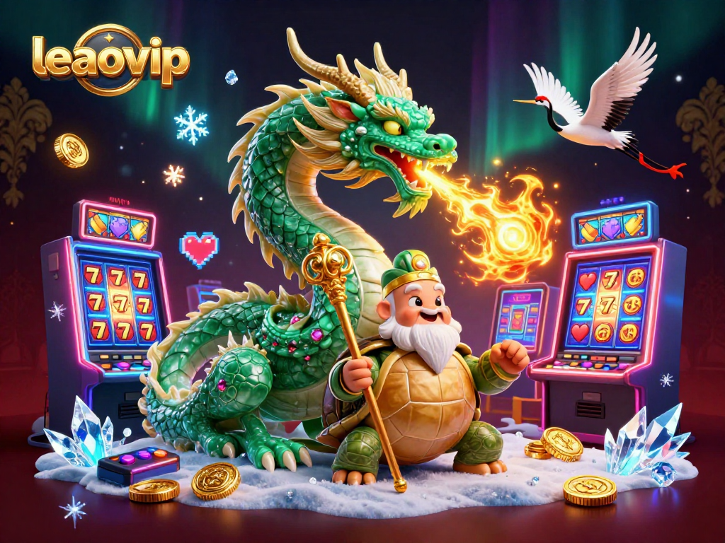 Experience the thrill of winning with leaovip's vibrant dragon and turtle in a bustling casino scene.
