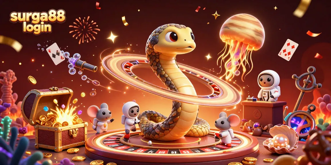 Experience surga88 login with cosmic gaming elements in this vibrant 3D illustration.