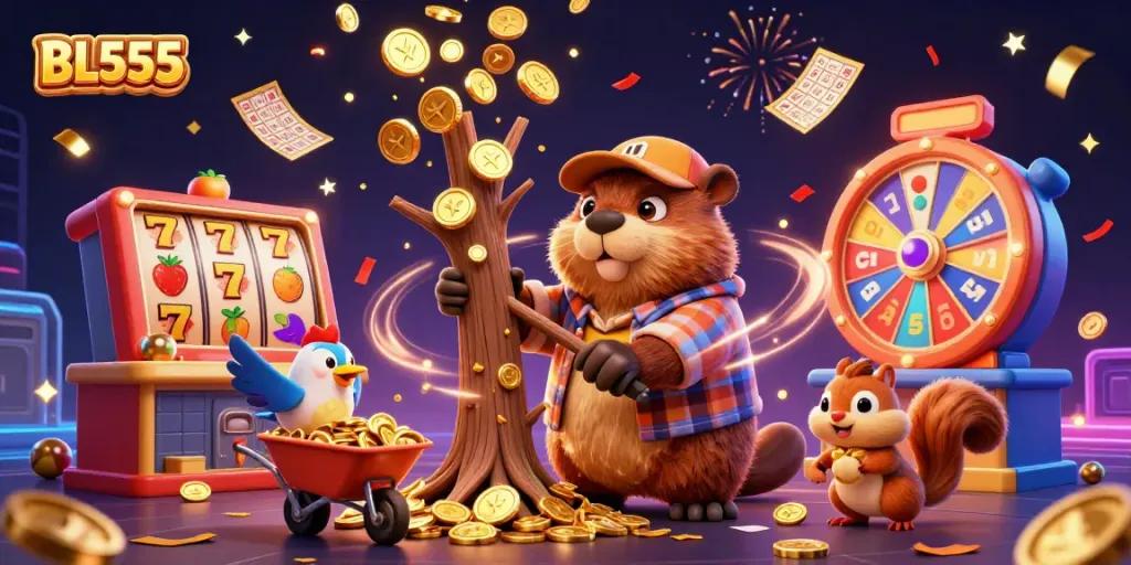 Join the fun at BL555 as the cartoon beaver chops a tree raining golden coins amidst vibrant gambling elements.