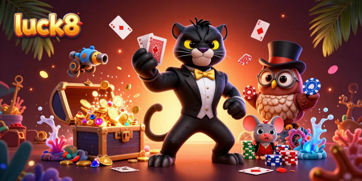 Engage with luck8's captivating casino scene featuring a panda dealer, owl, and mouse amid flaring treasures.