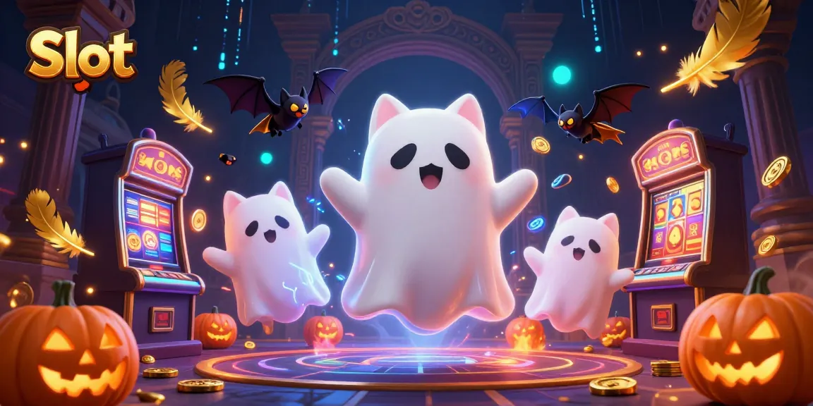 Slot game embodiments brought to life featuring a friendly ghost cat and vampire bat in a casino scene.