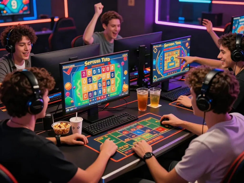 Friends enjoying an exciting Seribu Toto online lottery game in a vibrant setting