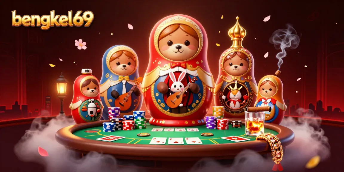 Bengkel69 showcases a vibrant online casino scene with a playful Matryoshka bear and poker elements.