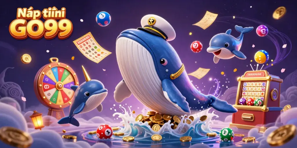 Nạp tiền GO99 with a whale, narwhal, and dolphins amidst colorful gambling elements.