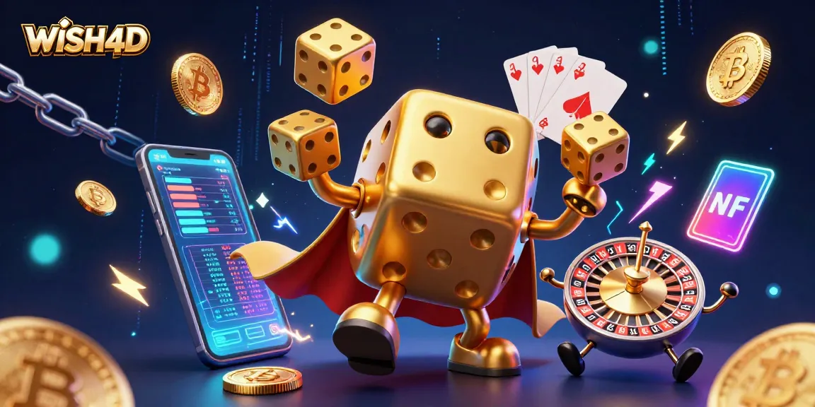 Menggulung dadu emas dengan tema WISH4D di dunia kasino digital yang penuh warna.