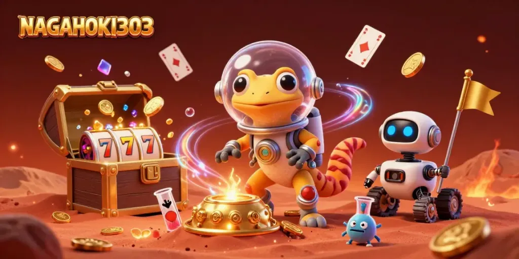 NAGAHOKI303 reveals a cartoon gecko at a golden casino with floating cards and slot reels