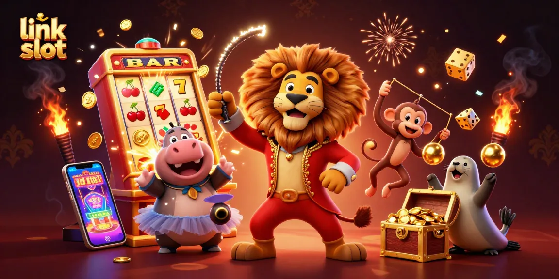 Experience the excitement of the link slot with animated circus characters celebrating big wins at a casino.