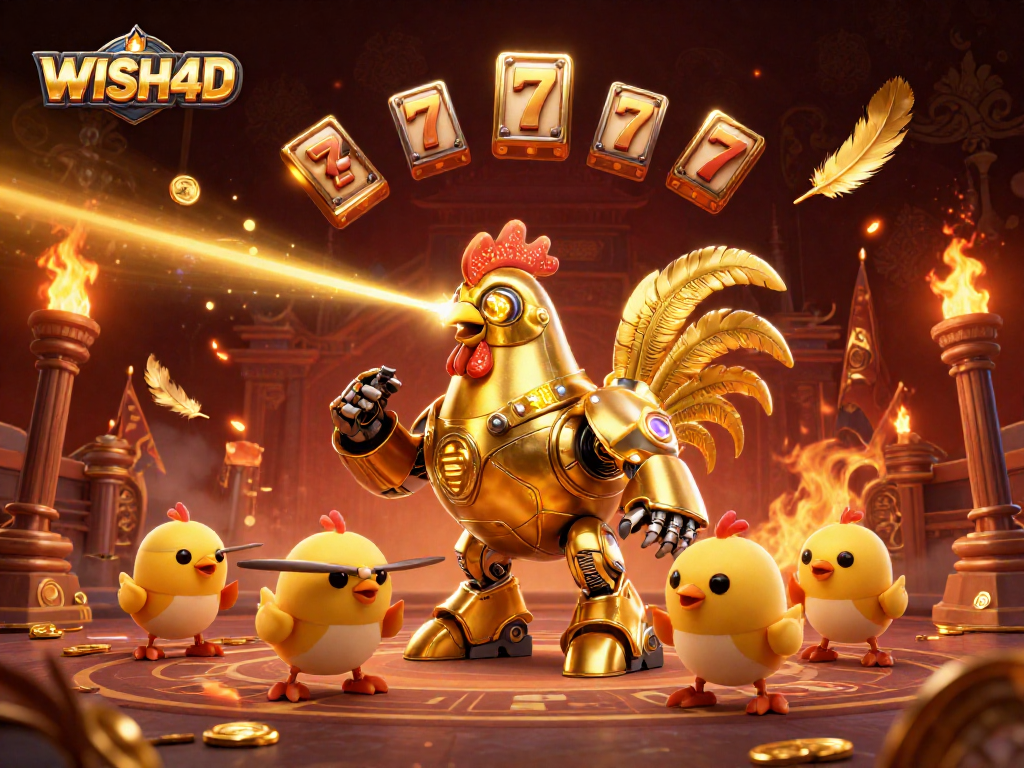 Engage with WISH4D in this vibrant casino scene featuring a golden rooster robot and baby chick drones.