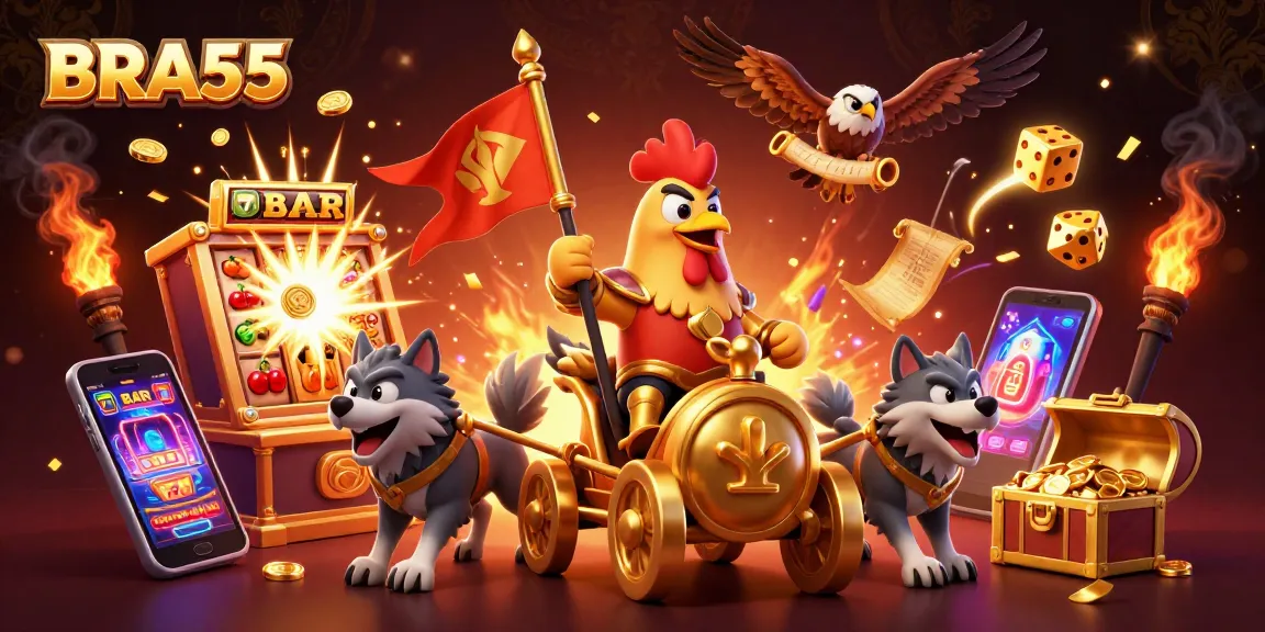 BRA55 engages players with a thrilling 3D cartoon rooster warlord scene in a vibrant casino atmosphere.