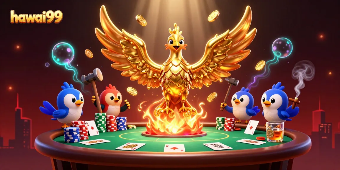 Spinning golden phoenix in action with poker chips as hawai99 elevates casino excitement.