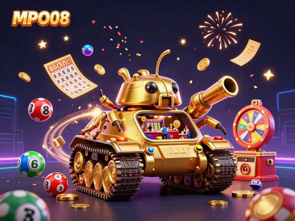 Engage with MPO08's vibrant casino world featuring a golden beetle tank filled with games and confetti.