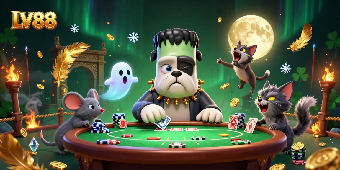 LV88 poker scene with a Frankenstein bulldog and ghost mouse enhancing excitement