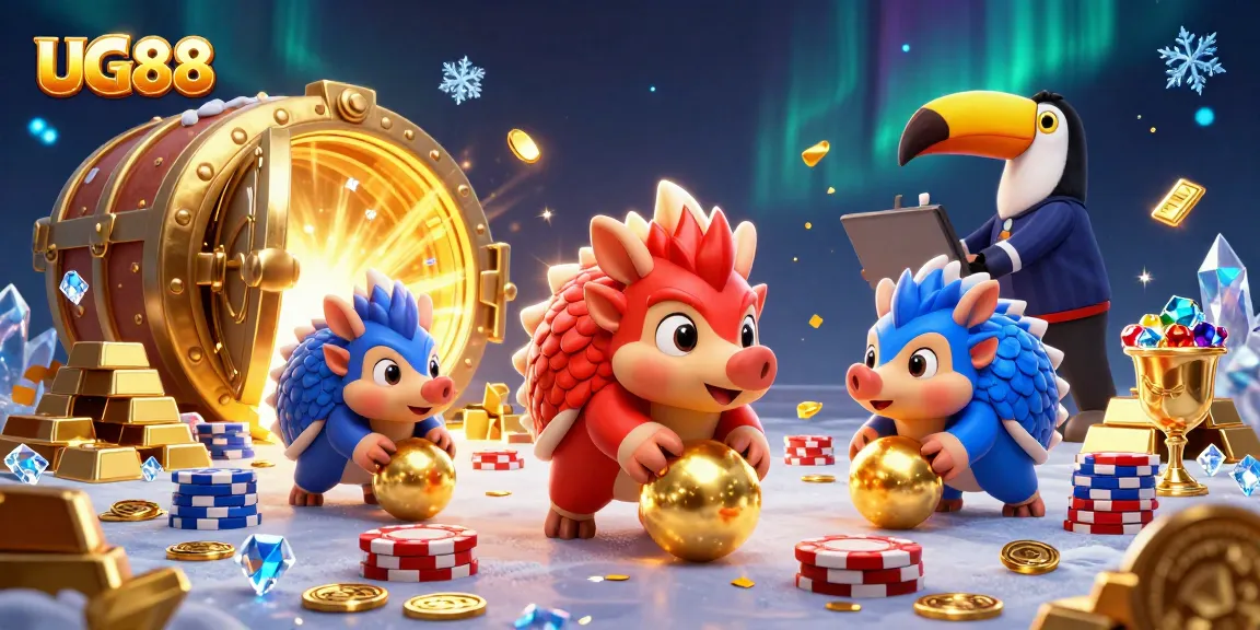 Engaging scene featuring pangolins rolling into golden balls while betting at UG88 casino.