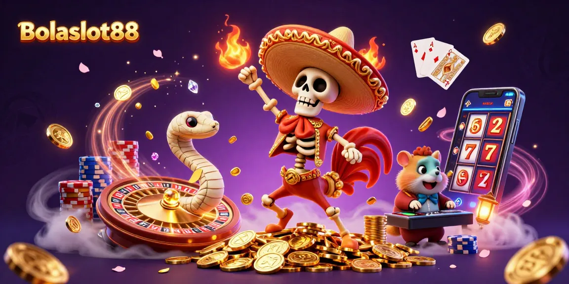 Bolaslot88 lively casino scene featuring a mariachi rooster celebrating victory with golden coins and spinning roulette.