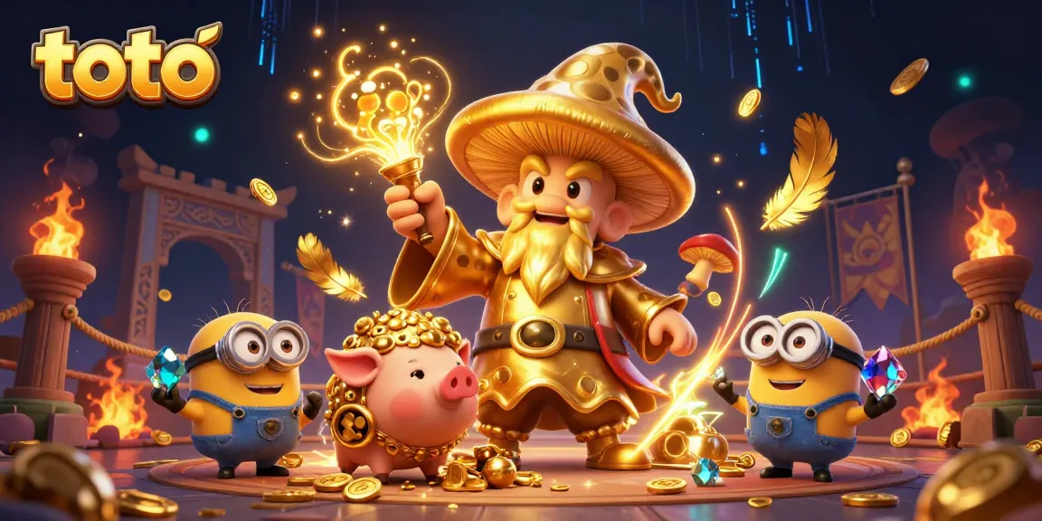 Experience thrilling toto action with a golden wizard and treasure-seeking pig in this vibrant casino illustration.