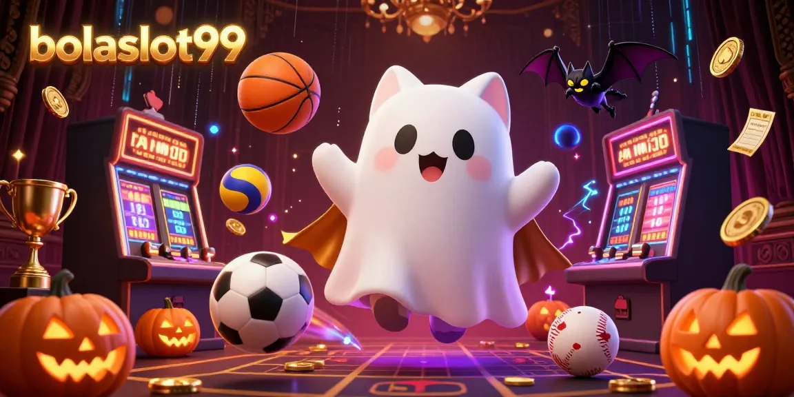 Engage with bolaslot99 in this vibrant casino scene featuring a friendly ghost cat and a golden-caped bat.