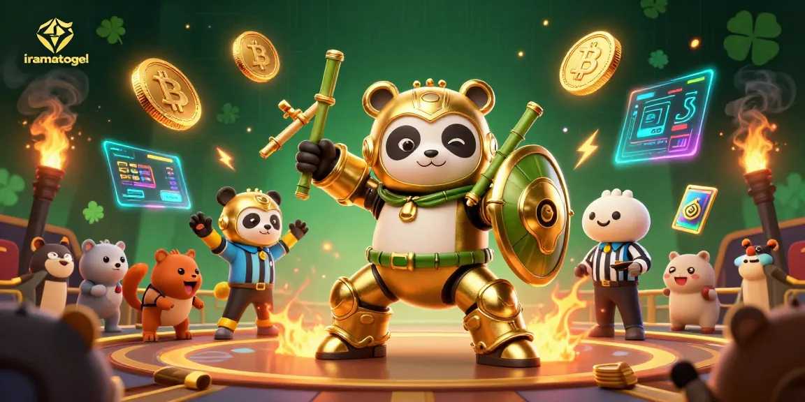 Mengakses iramatogel dengan dramatisasi karakter unik dalam arena, menampilkan kerumunan hewan dan unsur cryptocurrency.