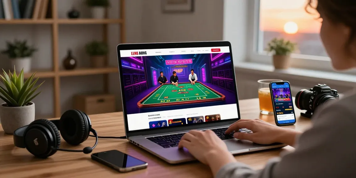 Engaged user exploring Trang chủ hm88's live casino features in an inviting home office.