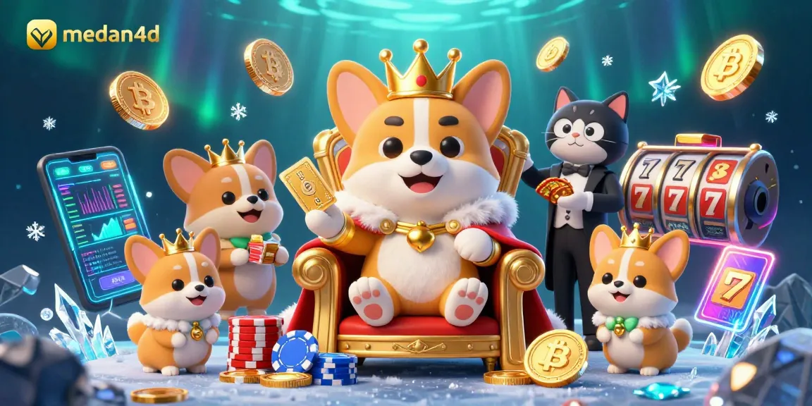 Permainan kasino menarik di medan4d dengan corgi kerajaan dan kartu emas.