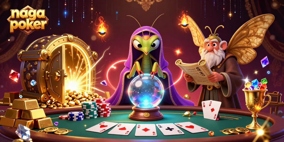 Naga poker arena with fortune teller and librarian characters amidst rich poker gameplay visuals.