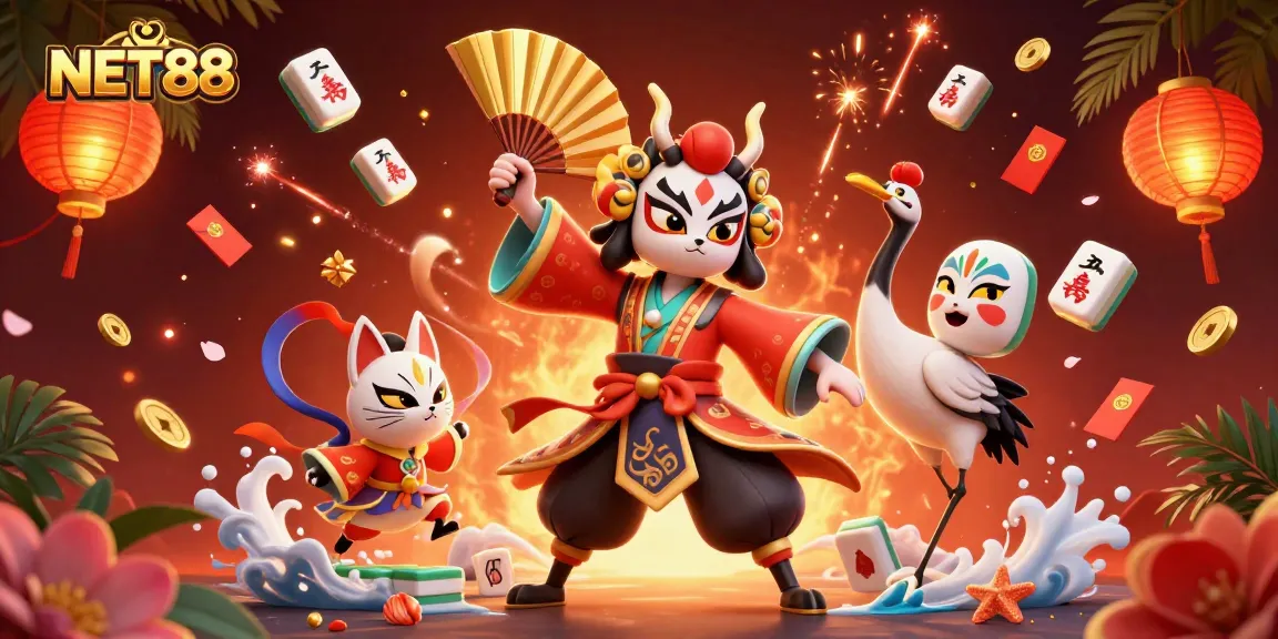 NET88 offers an engaging gaming experience with vibrant characters in a dynamic casino-themed illustration.