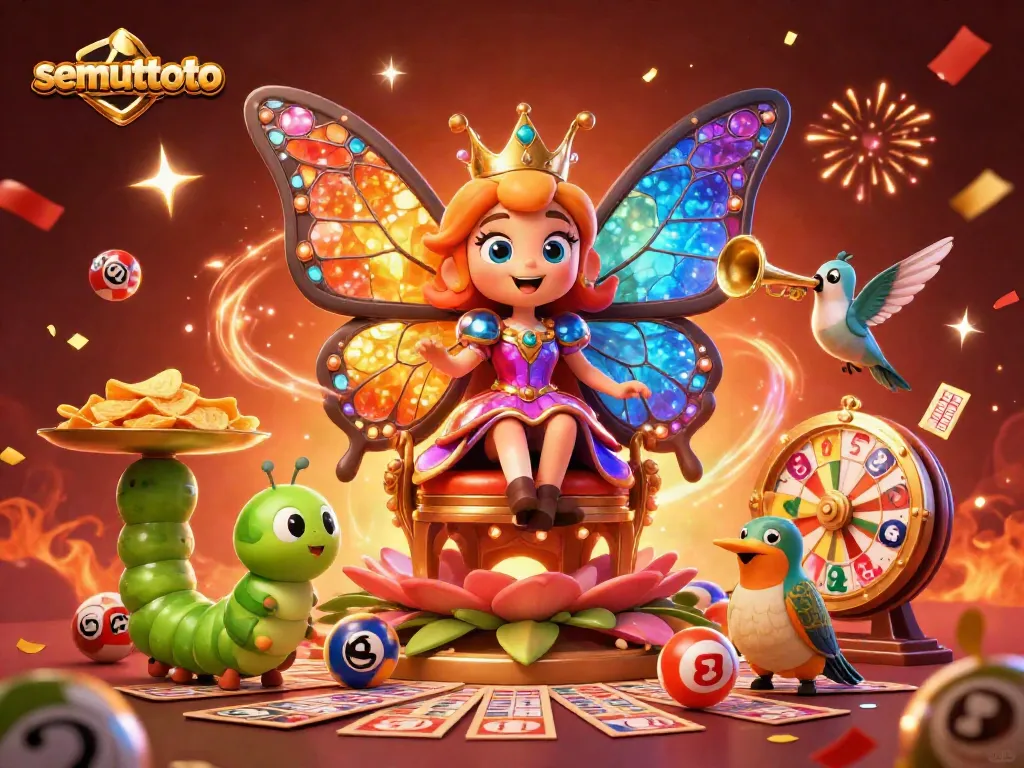 Bermain togel online dengan SEMUTTOTO, raja bandar togel, sambil dikelilingi bola lotere dan kartu bingo yang berkilauan.
