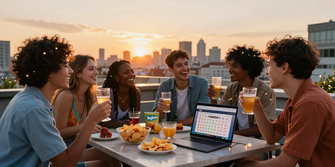 Teman sedang bersantai di rooftop sambil menikmati bugistoto dan minuman saat matahari terbenam.