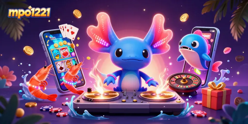 Permainan slot mpo1221 yang seru dengan DJ axolotl neon dan suasana yang berwarna-warni.