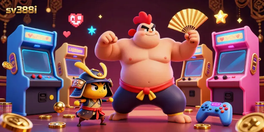 Experience the thrilling world of sv388i with a dynamic 3D scene of a powerful sumo rooster, samurai cricket and lively gaming elements.