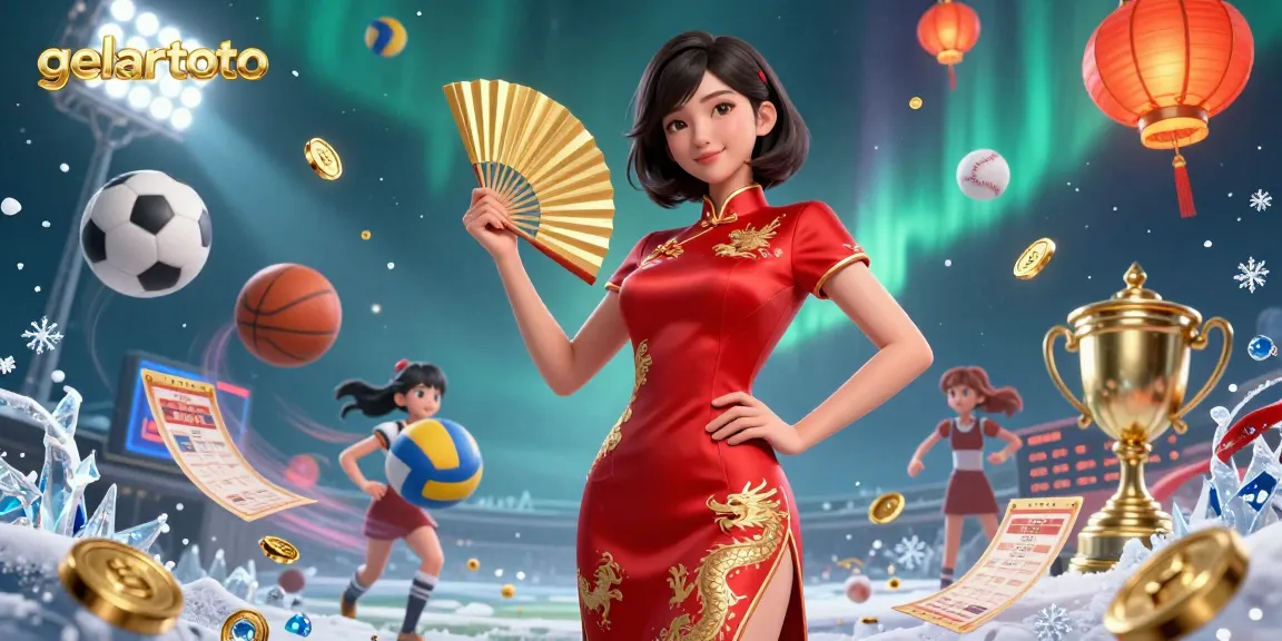 Betting on gelartoto: a vibrant Asian woman in a qipao surrounded by dynamic sports elements like soccer balls and trophies.