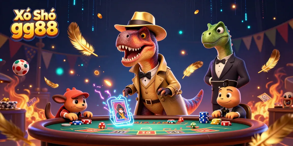 Xổ Số gg88 excitement depicted where an inconspicuous velociraptor card counter interacts with a stegosaurus pit boss amid swirling lottery elements